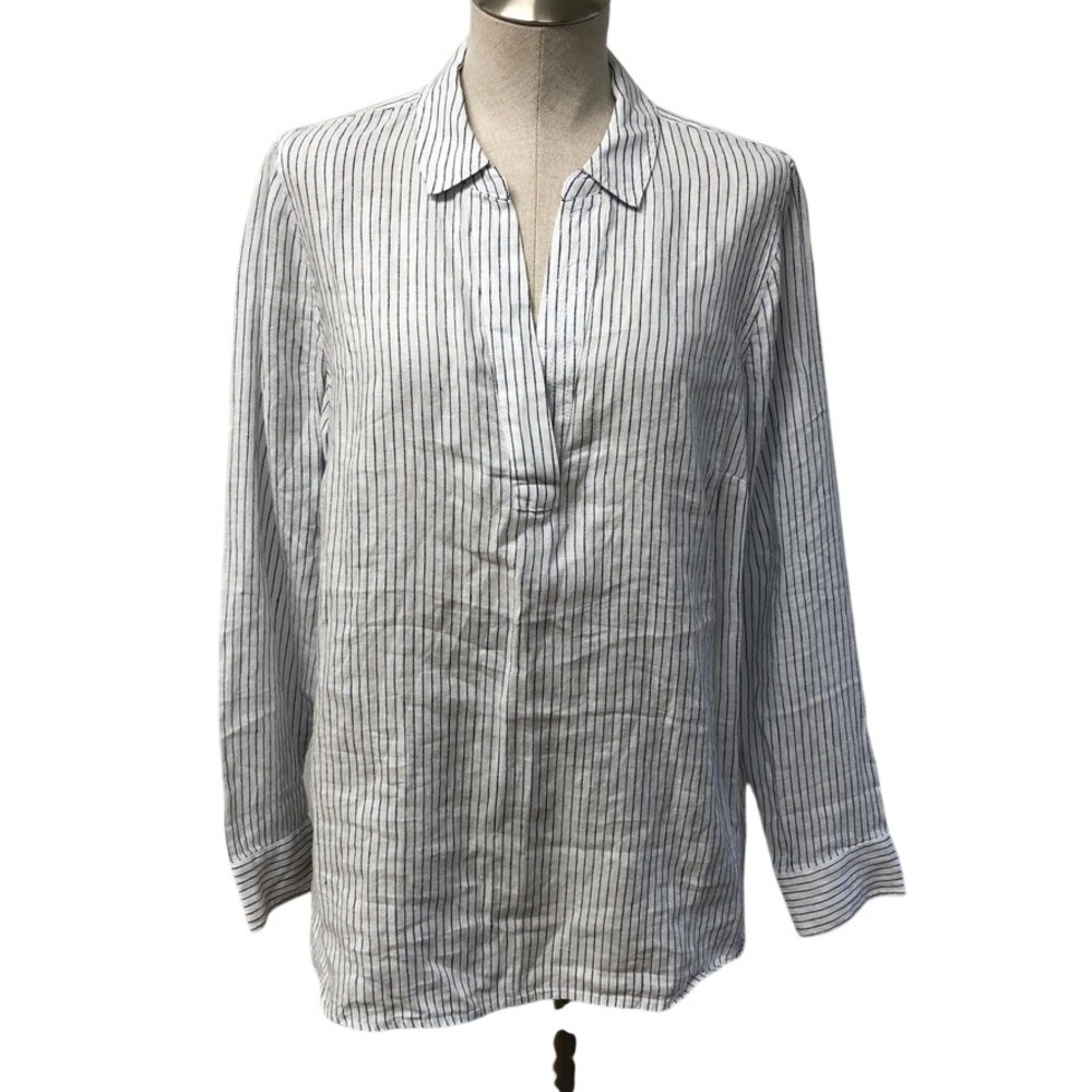 NYDJ Linen Popover Tunic Womens Large White Navy Blue Striped MLNA3875 Route 66